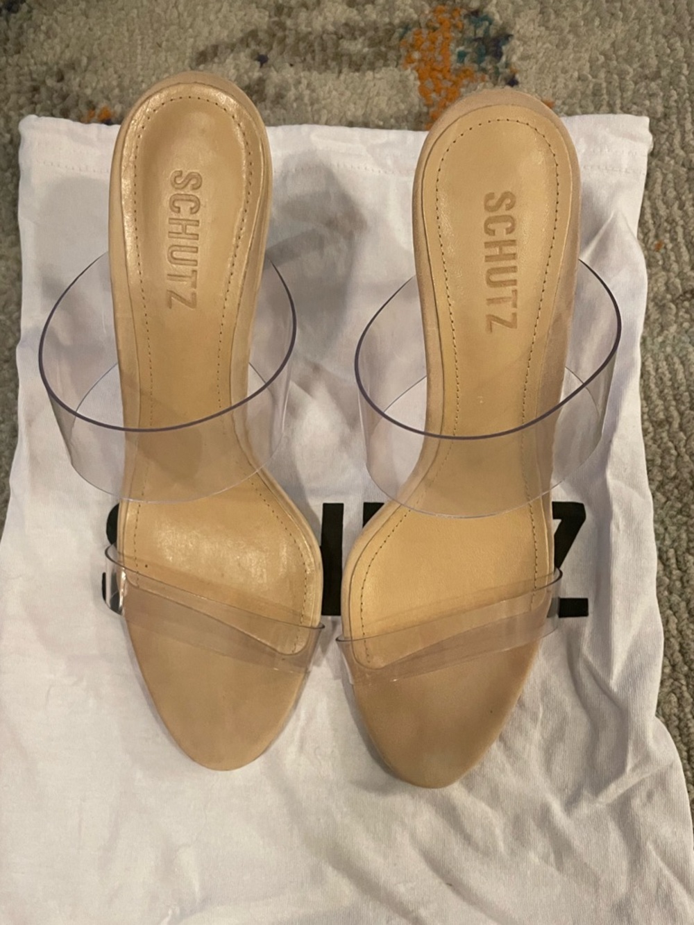 SCHUTZ Suede Beige Clear Strap Slide Mules
